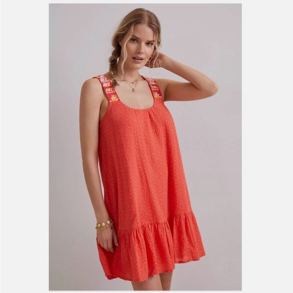 Anthropologie Coral Embroidered Tunic Dress Pockets Beachy Women’s size Medium